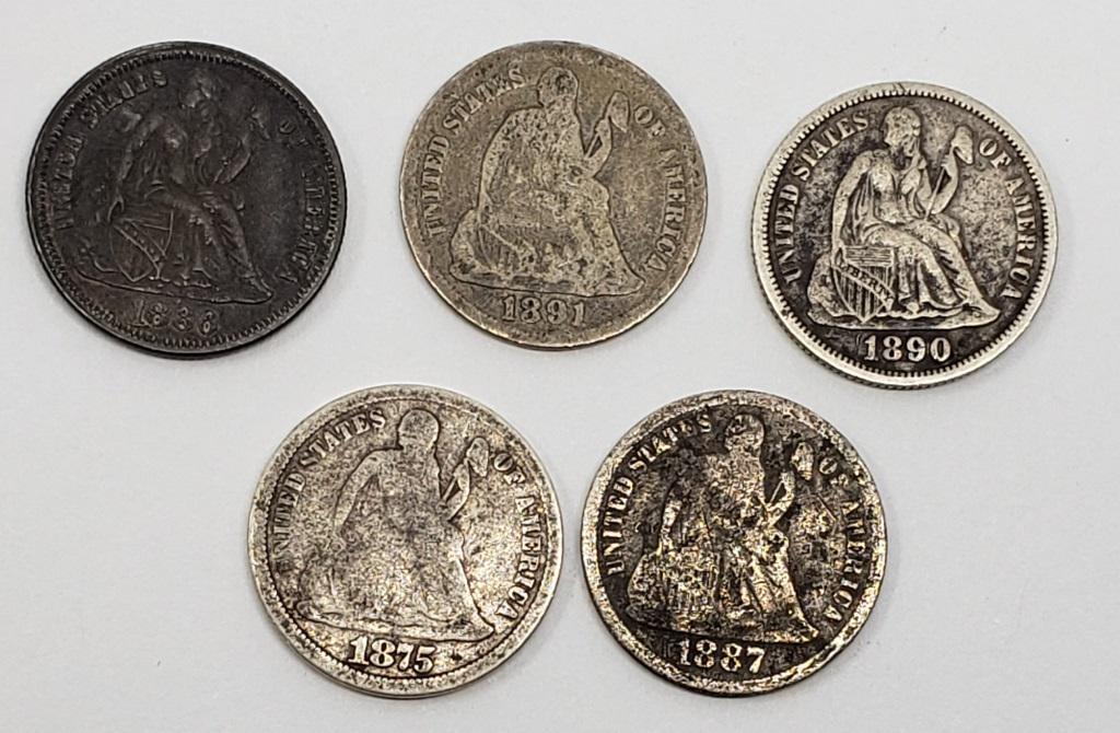 (5) SEATED DIMES - CIRC or BETTER (1 of 2)