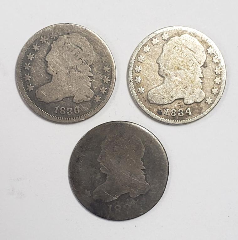 3-CAPPED BUST DIMES 1827, 1834, 1836 (1 of 2)