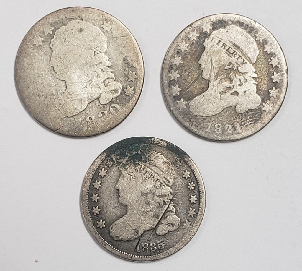 3-CAPPED BUST DIMES 1820, 1821, 1835 (1 of 2)