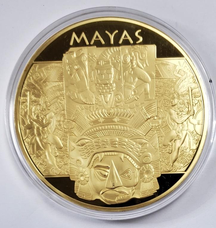 MAYAS OVERSIZED GOLD TONED COIN: THE MAYAN CALENDAR on REV - CLAD TRIBUTE PROOF COIN