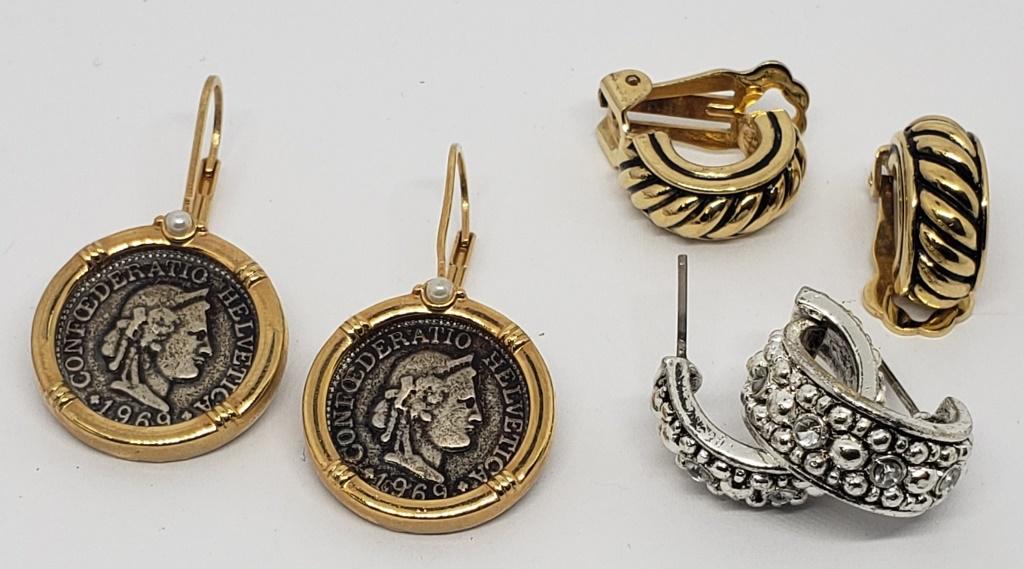 3-PAIRD OF MODERN EARRINGS: (1)GOLD TONED: CLIP ON HOOPED (1)SILVER TONED PIERCED HOOPED WITH RHINESTONES & (1)PIERCED GOLD TONED FOREIGN COIN DANGLY