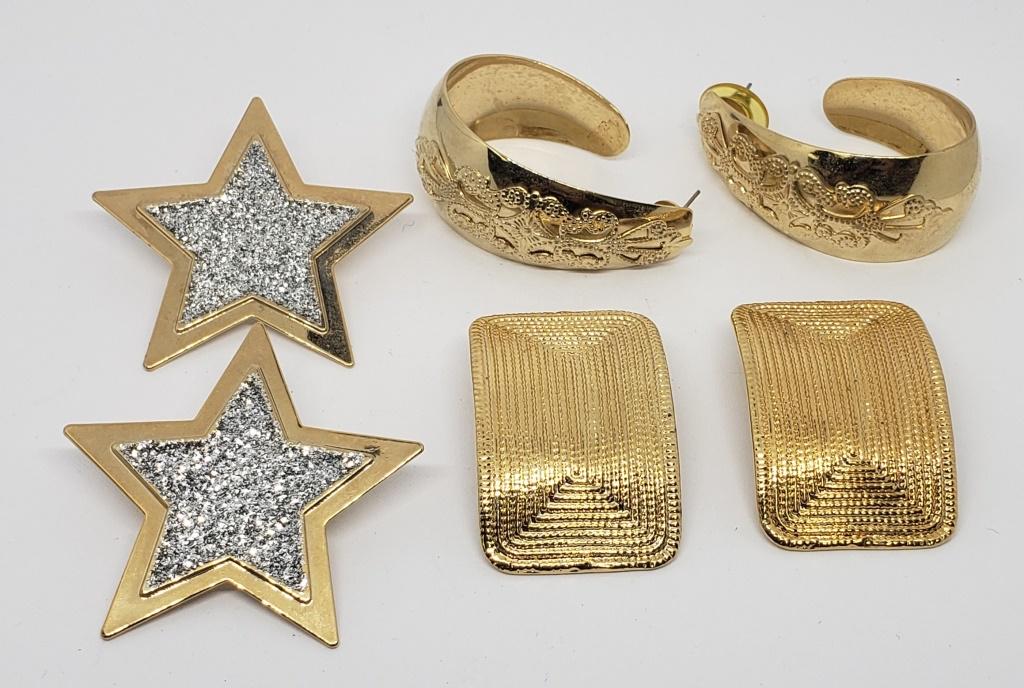 3-PAIRS OF CHUNKY EARRINGS: (1)RECTANGLE CLIP: ON (1)PIERCED GLITTER STAR (1)PIERCED SOUTHWESTERN HOOP