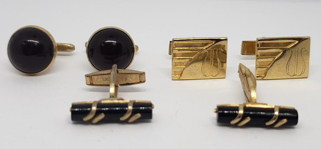 3-PAIRS OF VTG GOLD TONED MEN'S CUFF LINKS (1 of 4)
