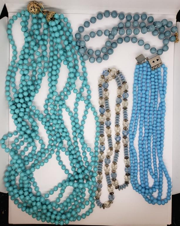 4-VINTAGE BLUE BEADED NECKLACES (1 of 3)