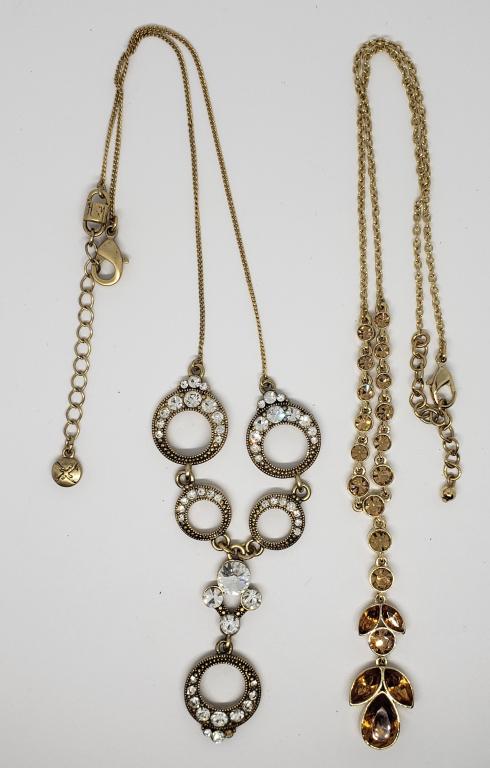 2-GOLD TONED RHINESTONE NECKLACES: (1)WITH CLEAR RHINESTONES (1)ORANGE RHINESTONES