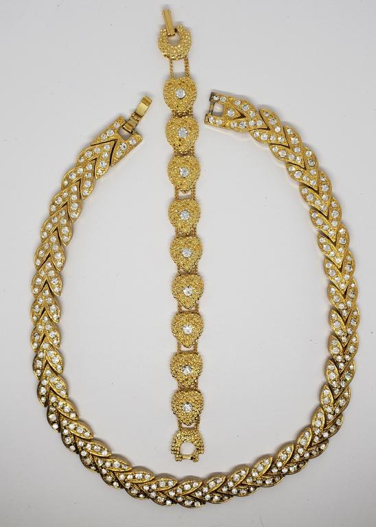 VINTAGE GOLD TONED RHINESTONE JEWELRY LOT:: (1)HEART PANEL BRACELET (1)GORGEOUS NECKLACE