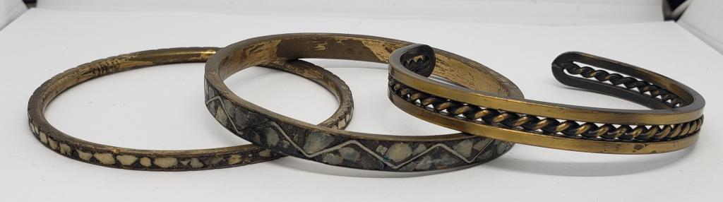 3-VINTAGE COPPER TONED BRACELETS: (1)CUFF (2)BANGLES
