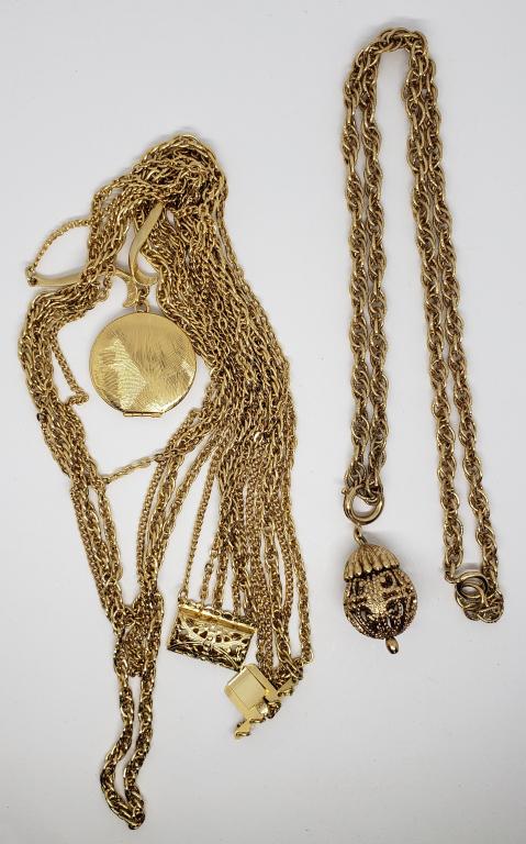 2-VINTAGE GOLD TONED NECKLACES: (1)DOUBLE: STRANDED WITH LOCKET/PENDANT & (1)WITH FILIGREE PENDANT