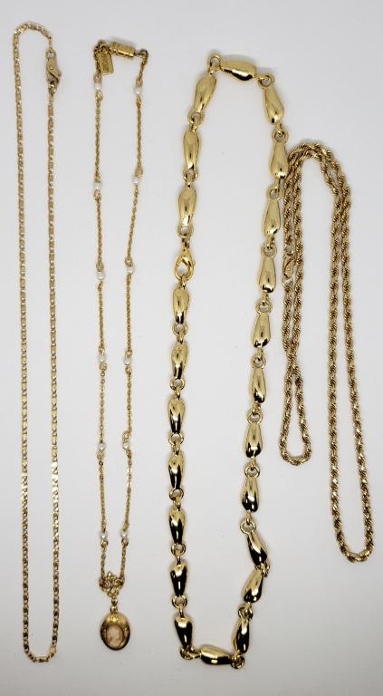 2-VINTAGE GOLD TONED NECKLACES/CHAINGS: (1)1928 CAMEO LOCKET WITH FAUX PEARLS