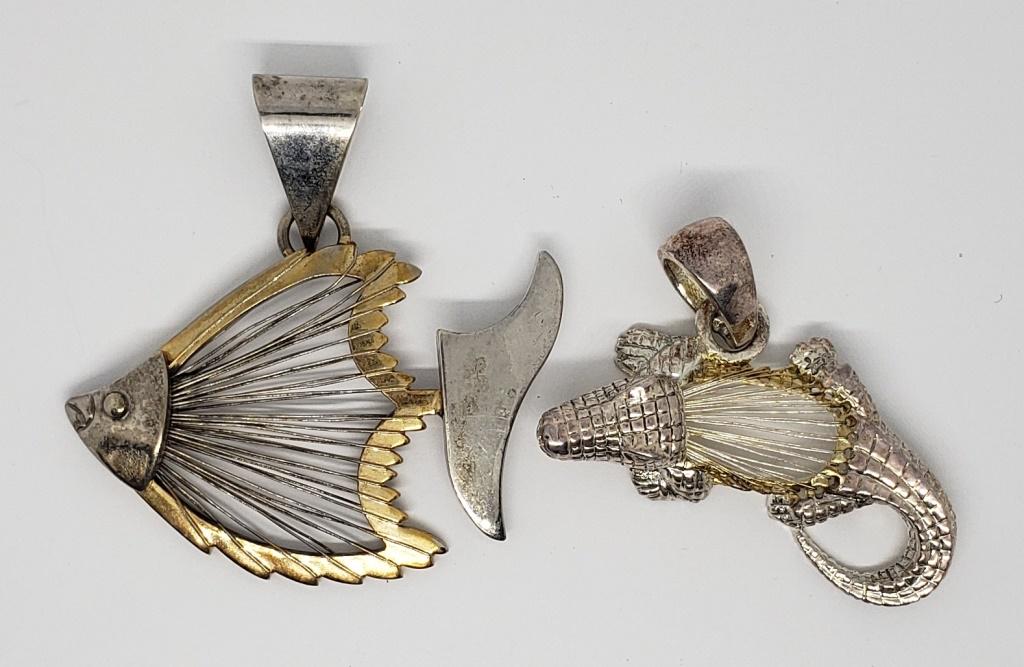 2-SILVER TONED ANIMAL DANGLY PENDANTS WITH: WRAPPED WIRE DESIGN-(1)ALLIGATOR (1)FISH