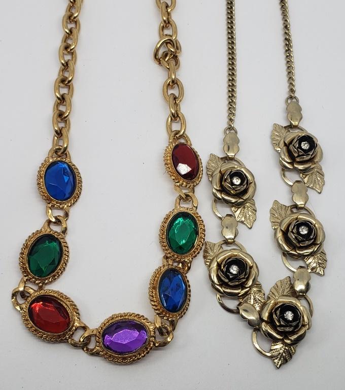 2-VINTAGE GOLD TONED NECKLACES: (1)ROSES: WITH RHINESTONE CENTER (1)WITH MULTI COLORED RHINESTONES-NICE LOT!!