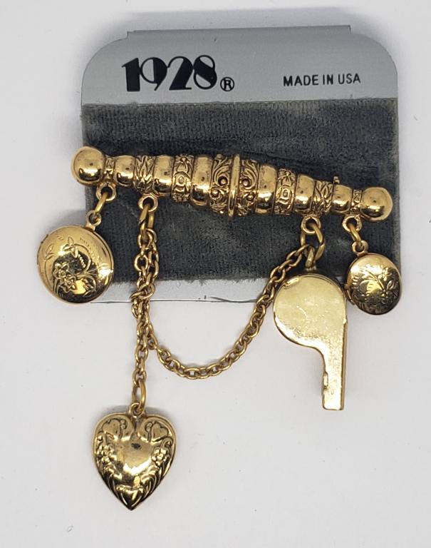 NEW! VTG 1928 GOLD TONED BROOCHE WITH: WHISTLE AND LOCKET CHARMS