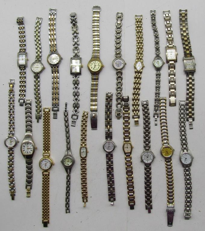 20 LADIES QUARTZ WATCHES-FADED GLORY,MISC: ALL UNTESTED:SOME MAY WORK, SOME MAY NOT,SOME MAY NEED BATTERIES, SOME FOR PARTS OR REPAIR-20 LADIES QUARTZ WATCHES-(3)CITIZEN, SWISSGOLD,GENEVE,ARMITRON,VANITY FAIR,ACQUA,CARRIAGE,