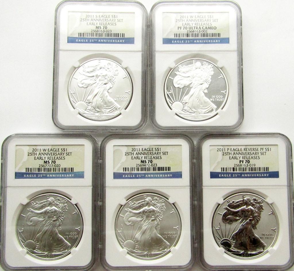 2011 5 COIN .999 SILVER EAGLE SET 25TH ANNIVERSARY: NGC MS 70 - PF 70