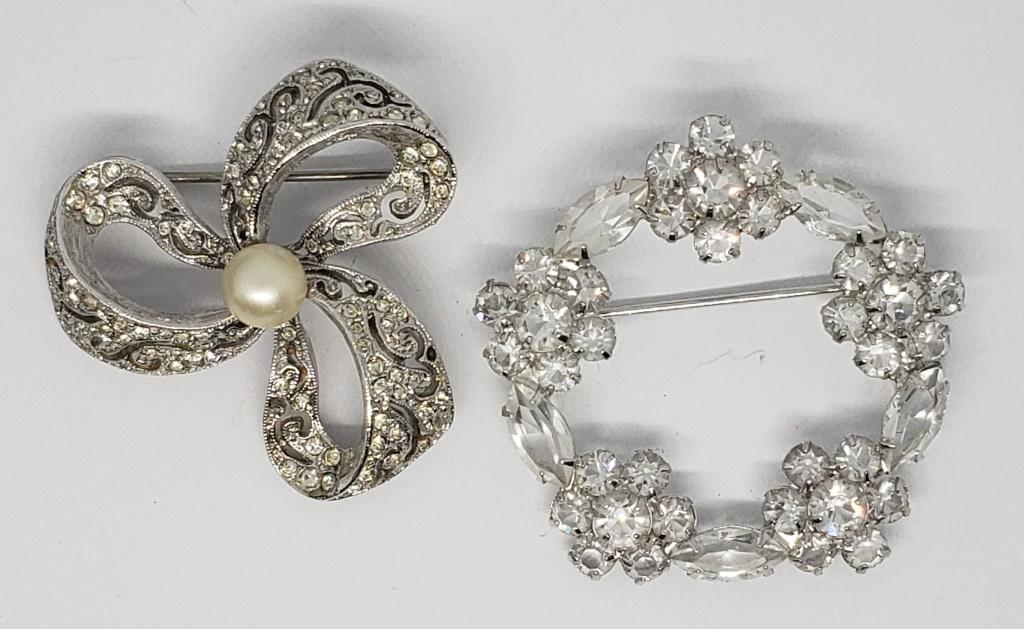 2-VTG SILVER TONED RHINESTONE BROOCHES (1 of 3)