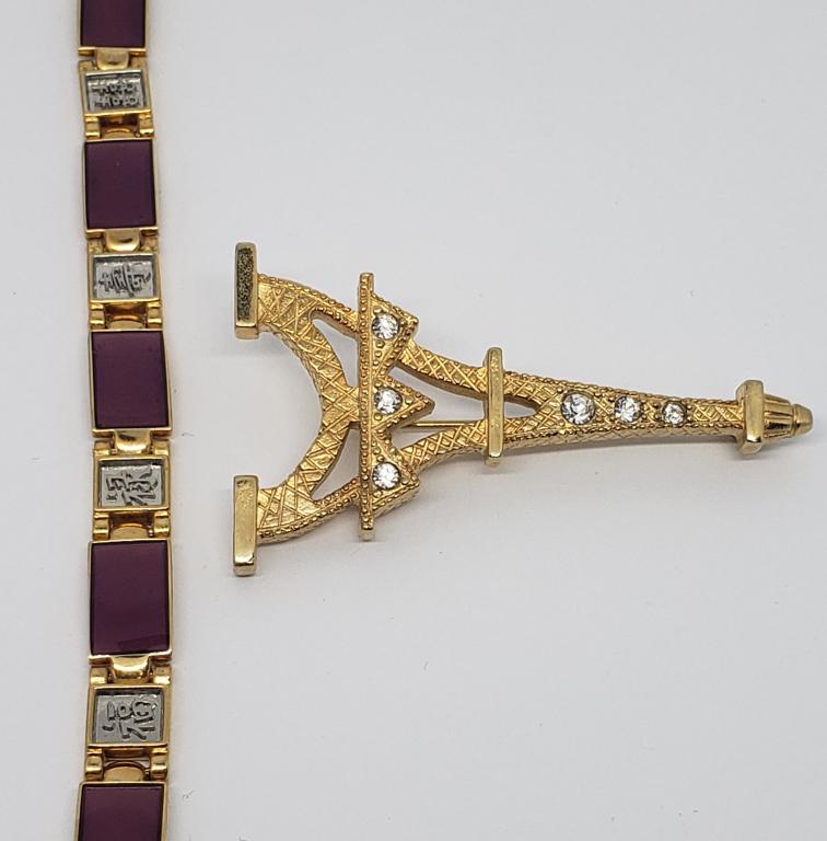 VINTAGE ORIENTAL GOLD TONED PANEL BRACELET: WITH ENAMEL PLUS (1)GOLD TONED EIFFLE TOWER RHINESTONE BROOCH