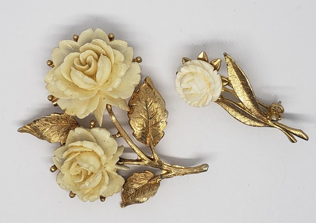 2-VINTAGE GOLD TONED ROSE BROOCHES WITH (1 of 3)