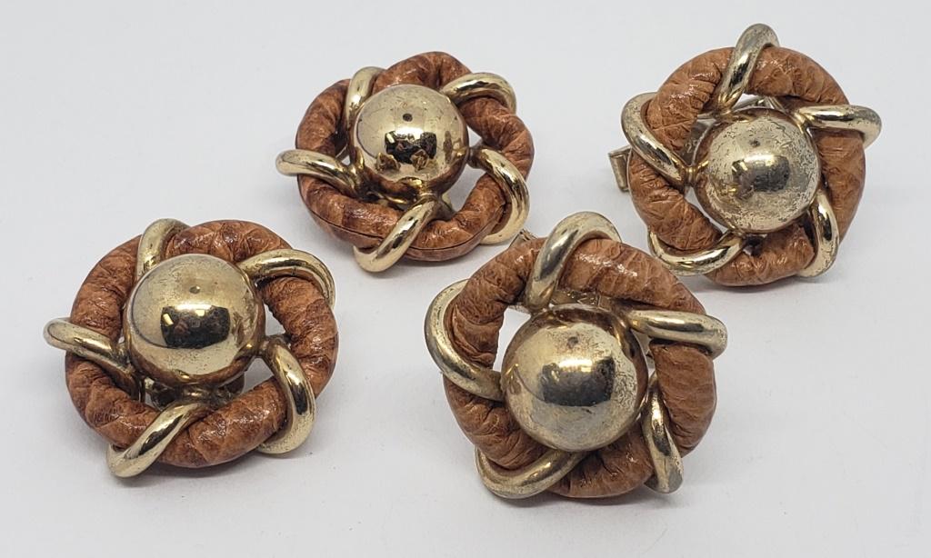 SET! BERGERE PAIR OF GOLD TONED CLIP ON EARRINGS: WITH BROWN LEATHER ACCENTS PLUS MATCHING PAIR OF CUFF LINKS