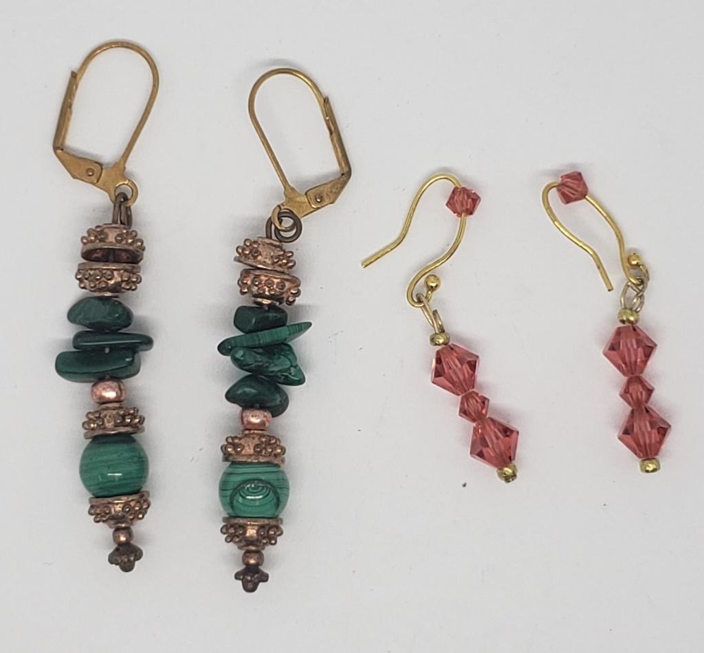 2-GOLD TONED PIERCED DANGLY EARRINGS: (1)WITH MALACHITE (1)SWAROVSKI