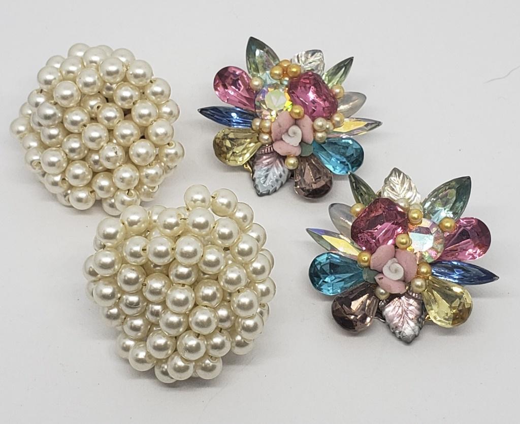 2-VTG PAIRS OF CHUNKY EARRINGS (1)PIERCED WITH: FAUX PEARL CLUSTER (1)CLIP ON WITH PASTEL LUCITE-RHINESTONES
