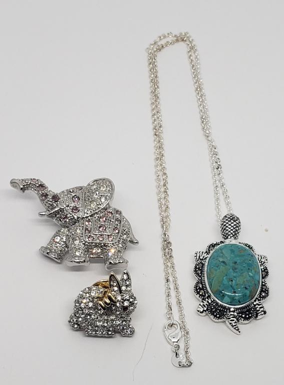 SILVER TONED RHINESTONE JEWELRY LOT: (1)RABBIT: PIN (1)ELEPHANT PIN WITH PINK RHINESTONE ACCENTS (1)TURTLE MARCASITE WITH TURQOISE CENTER