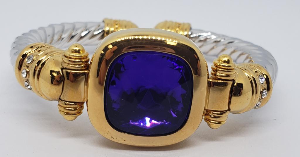 VTG JOAN RIVER SILVER TONED CUFF WITH INTERCHANGAB: RHINESTONE (1)VIOLET RHINESTONE-GOLD TONED ACCENTS