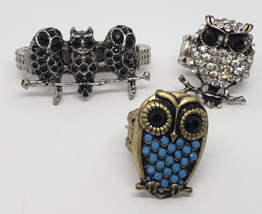 3-VTG OWL STRETCHY RINGS WITH RHINESTONES! (1 of 2)