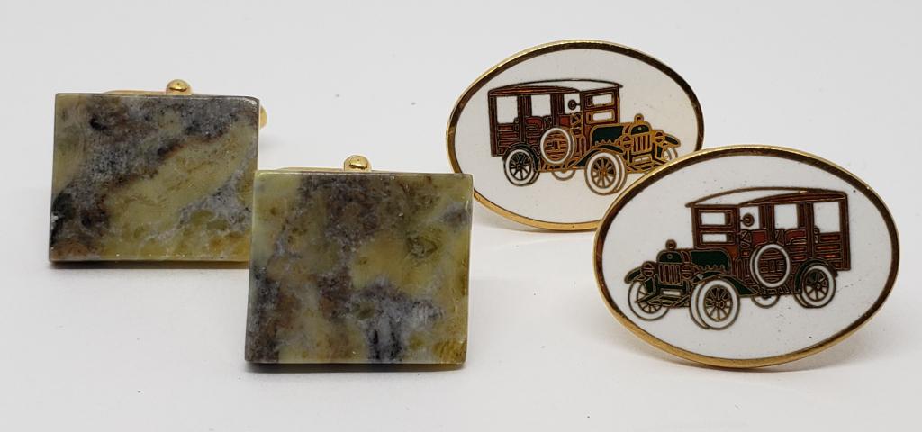 2-VTG PAIRS OF GOLD TONED MENS CUFF LINKS: (1)WITH POLISHED NATURAL STONE (1)AVON MODEL T ENAMEL