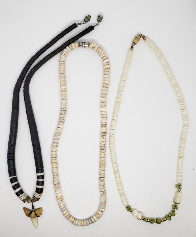 3-VINTAGE PUKA SHELL NECKLACES: (1)WITH TOOTH PENDANT