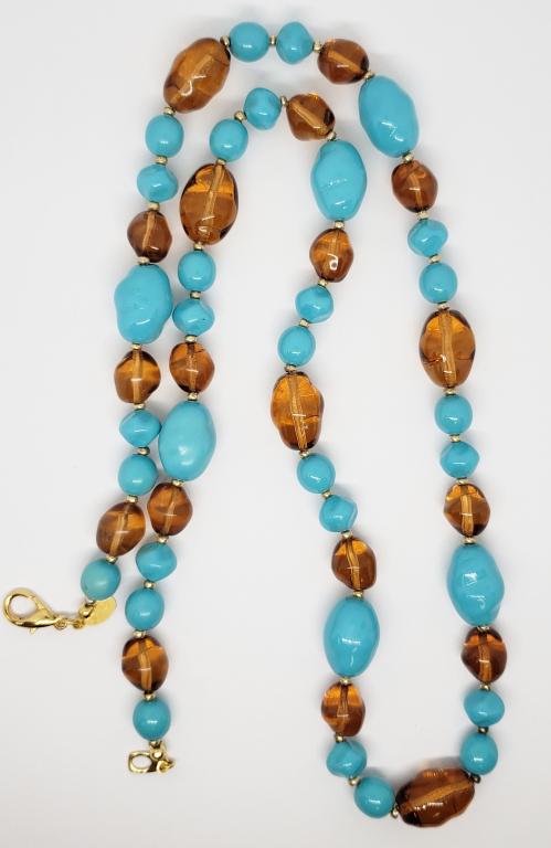 VINTAGE JOAN RIVERS GOLD TONED TURQUOISE AND: AMBER GLASS BEADED NECKLACE-30 INCHES LONG