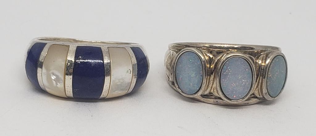 2-SOUTHWESTERN STERLING RINGS: (1)WITH OPAL? STONE (1)WITH LAPIS AND MOTHER OF PEARL INLAY DESIGN-RING SIZES 6.5-7-TOTAL 8.4 DWT