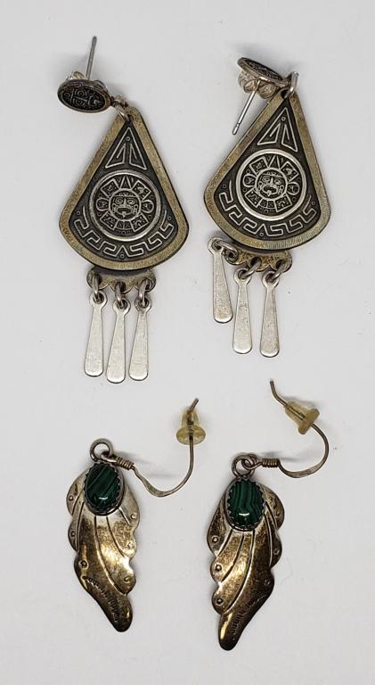 2-PAIRS OF SOUTHWESTERN 925 PIERCED DANGLY: EARRINGS: (1)WITH MALACHITE (1)AZTEC DESIGN-TOTAL 11.3 DWT