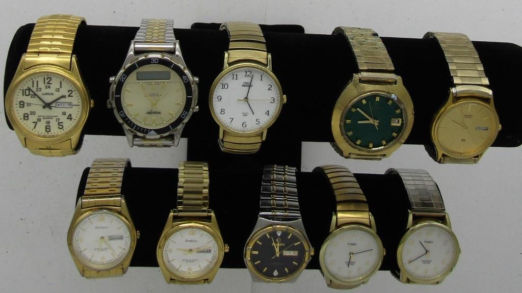 10 MENS STRETCH BAND QUARTZ WATCHES: ALL UNTESTED: SOME MAY WORK, SOME MAY NOT, SOME MAY NEED BATTERIES, SOME FOR PARTS OR REPAIRS- 10 MENS QUARTZ WATCHES-10 MENS STRETCH BAND QUARTZ WATCHES -SEIKO-WRANGLER-(3)TIMEX-ELGIN-(2)ARMITRON-LO