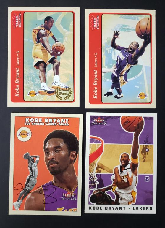 (4) KOBE BRYANT FLEER TRADITION CARDS: ALL DIFFERENT MIXED YEARS ( ONE WITH CREASE)
