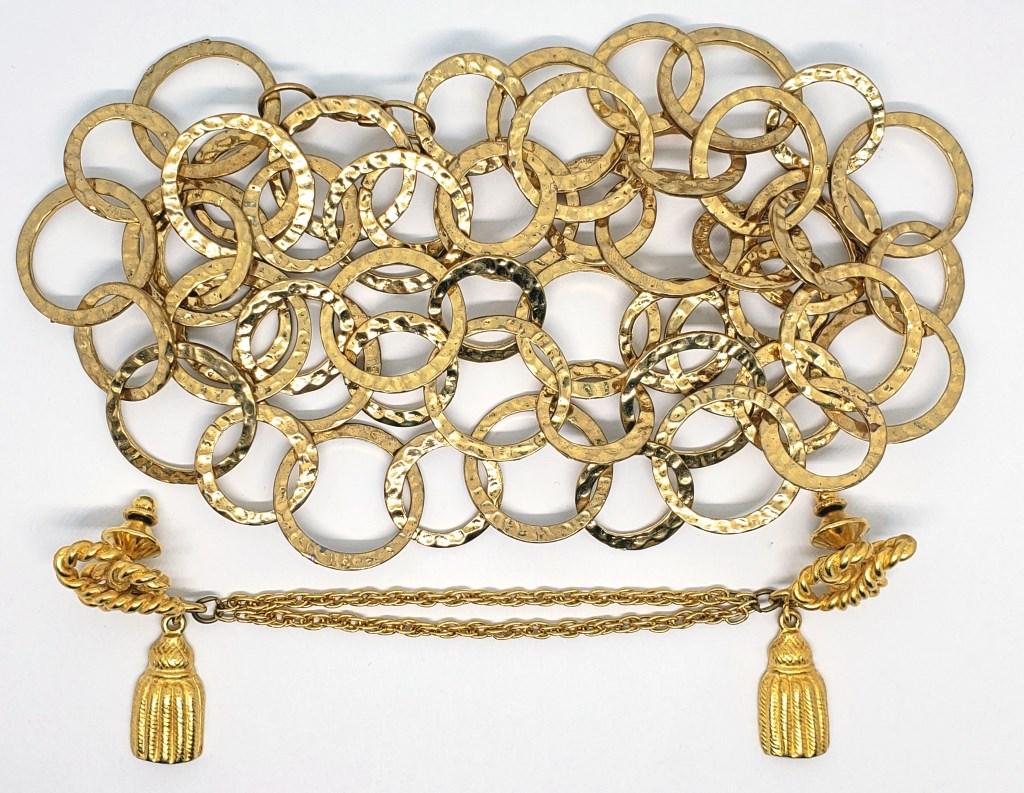 GOLD TONED FASHION JEWELRY: LONG NECKLACE & SWEATER CLIP! SWEATER CLIP MARKED CASUAL CORNER