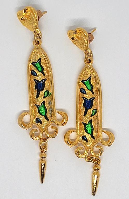 GOLD-TONED VINTAGE EARRINGS: MARKED "LISA". BLUE AND GREEN DECALS