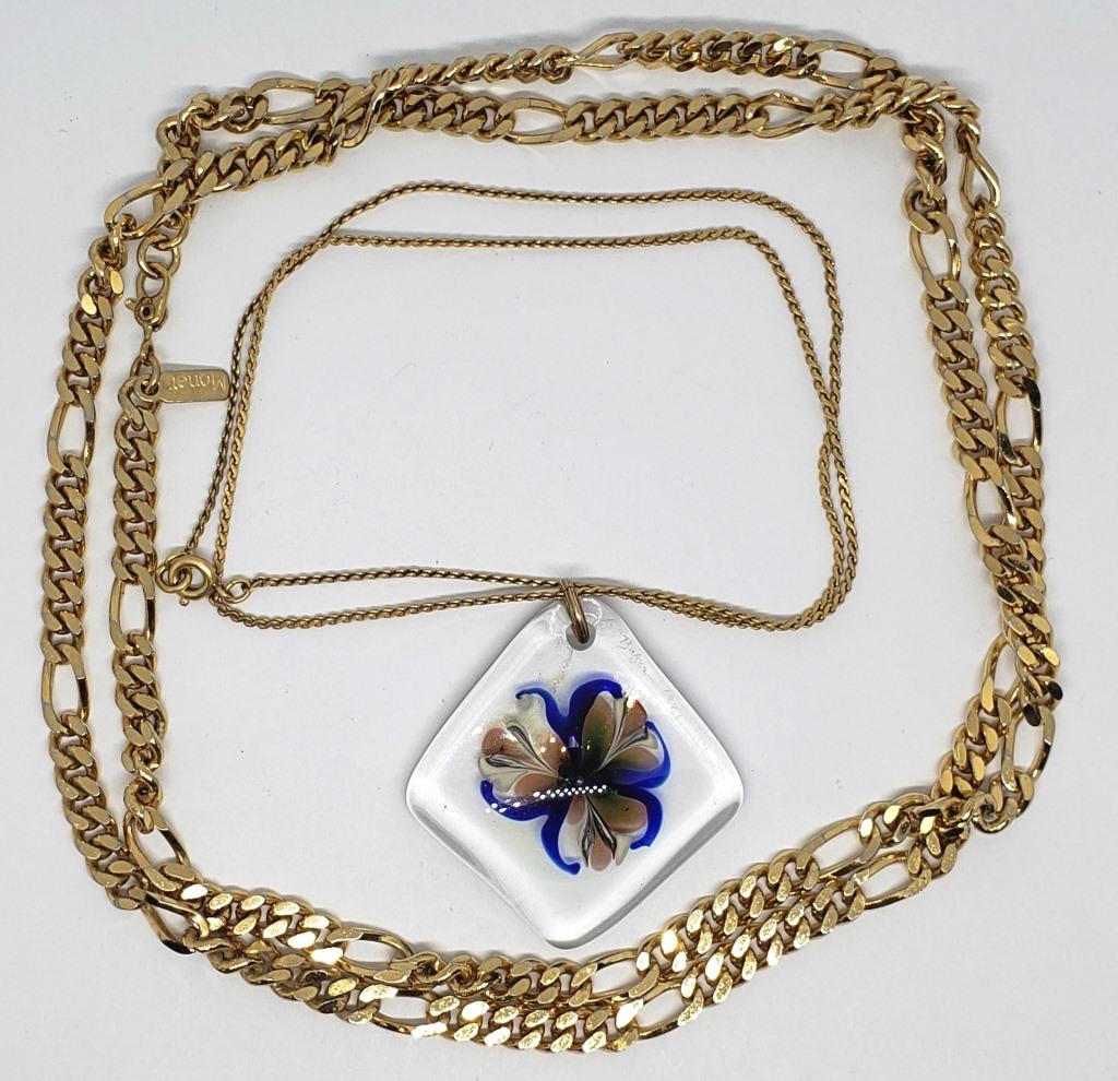 2 VINTAGE NECKALCES; 1 MARKED "MONET",: 1 WITH LARGE GLASS PENDANT WITH FLOWER DESIGN