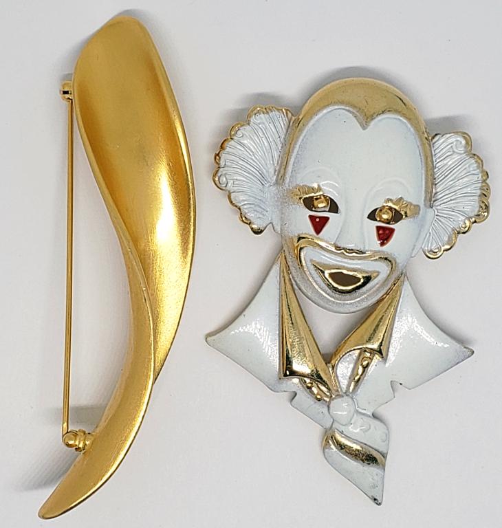 2 VINTAGE BROOCHES! CLOWN DESIGN &: FANCY GOLD-TONED BROOCH
