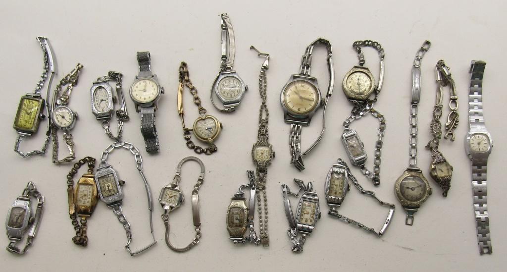 20 LADIES MECHANICAL WATCHES--LOCUST-EMPA-ELTON-MI: NOT TESTED AS TO WORKING OR NOT-SOME FOR PARTS OR REPAIRS-SOME MAY WORK: GENEVA-RIMA-WARWICK-PRECIMAX-FAIRFAX-(3)TIMEX -ELBON-BELMAR-LOCUST-EMPA-ELTON-MISC