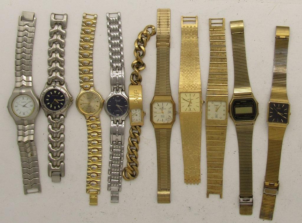 10 MENS QUARTZ -WATCHES-CASIO-CITIZEN-MISC: NOT TESTED AS TO WORKING OR NOT-SOME FOR PARTS OR REPAIRS-SOME MAY WORK--MOST WILL NEED BATTERY REPLACEMENT-JEAN CLAULDE-RONICA-JULES JURGENSEN-PIAGET-MILAN-SWANK-CASIO-CITIZEN-MI