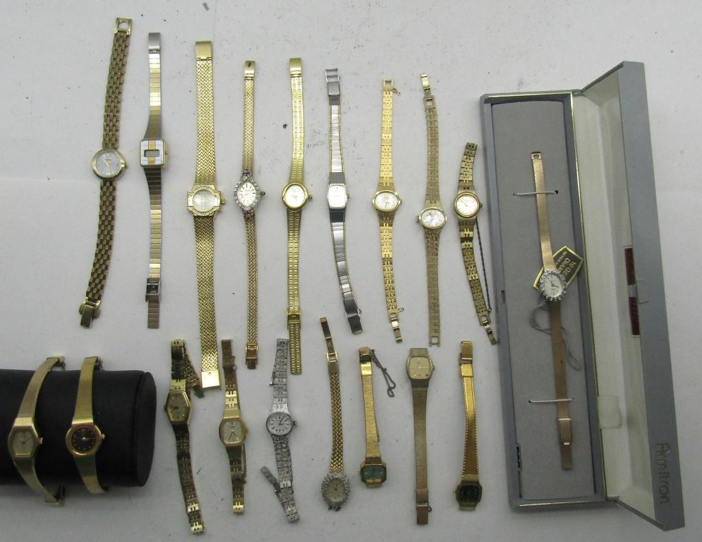 20 LADIES QUARTZ WATCHES-CITIZEN-(4)PULSAR-MISC: NOT TESTED AS TO WORKING OR NOT-SOME FOR PARTS OR REPAIRS-SOME MAY WORK--MOST WILL NEED BATTERY REPLACEMENT-BER BENGER-GENEVA-ARMATRON-(8)SEIKO-DUFONTE-AVON- QUARTOX-CITIZEN-(4)PULSAR-MISC