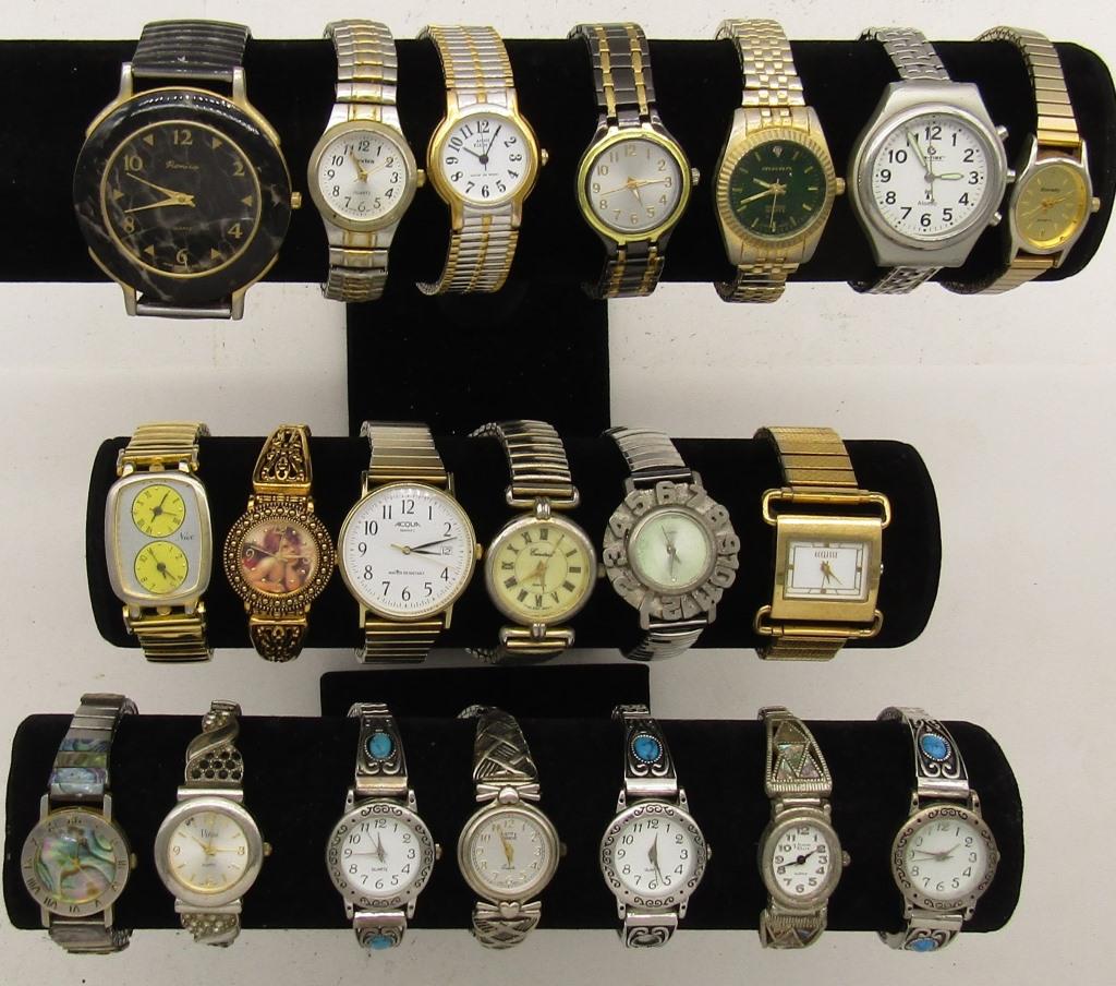20 LADIES QUARTZ WATCHES--ANNE KLEIN II-ETERNITY-: NOT TESTED AS TO WORKING OR NOT-SOME FOR PARTS OR REPAIRS-SOME MAY WORK--MOST WILL NEED BATTERY REPLACEMENT-RONICA-ECCLISSI-EUROTECH-MALAN-VE XTRA-KATHY IRELAND-VICTRIA RHEIN-NICE-ON