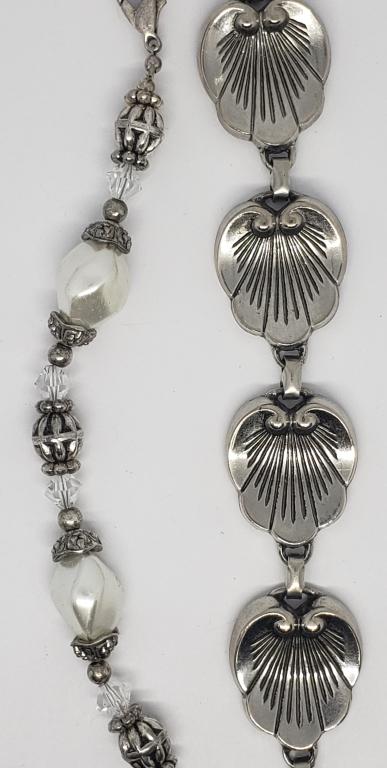 VINTAGE SILVER TONED FLOWER PANEL BRACELET: PLUS (1)SILVER TONED BEADED BRACELEET WITH CLEAR BEADS AND WHITE LUCITE BEAD ACCENTS