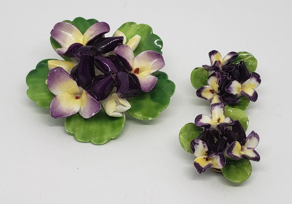SET! VTG CARA CHINA MADE IN ENGLAD FLOWER: BROOCH WITH MATCHING PAIR OF CLIP ON EARRINGS-NO CHIPS NOTICED