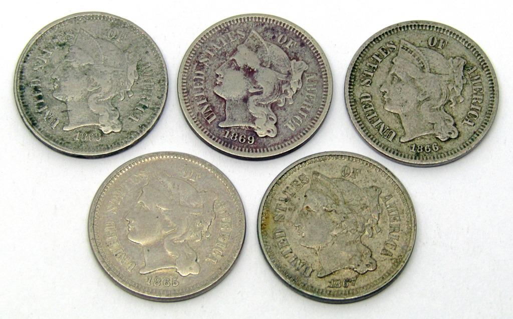 (5) DIFF THREE CENT NICKELS (1 of 2)