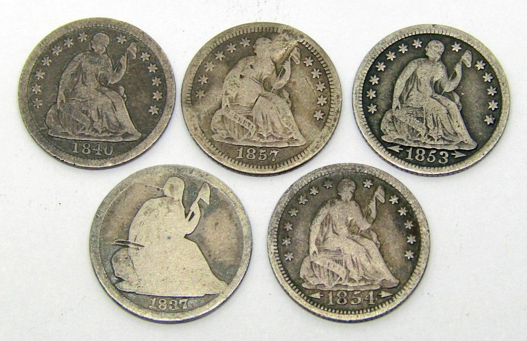 (5) U.S. SILVER HALF DIMES - ALL DIFFERENT (1 of 2)