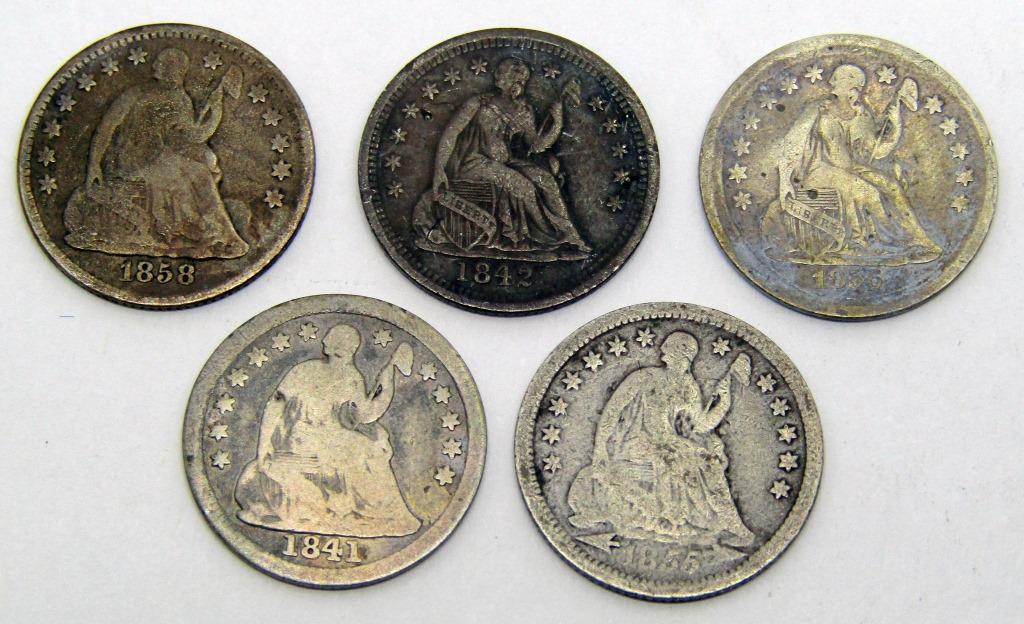 (5) U.S. SILVER HALF DIMES - ALL DIFFERENT (1 of 2)