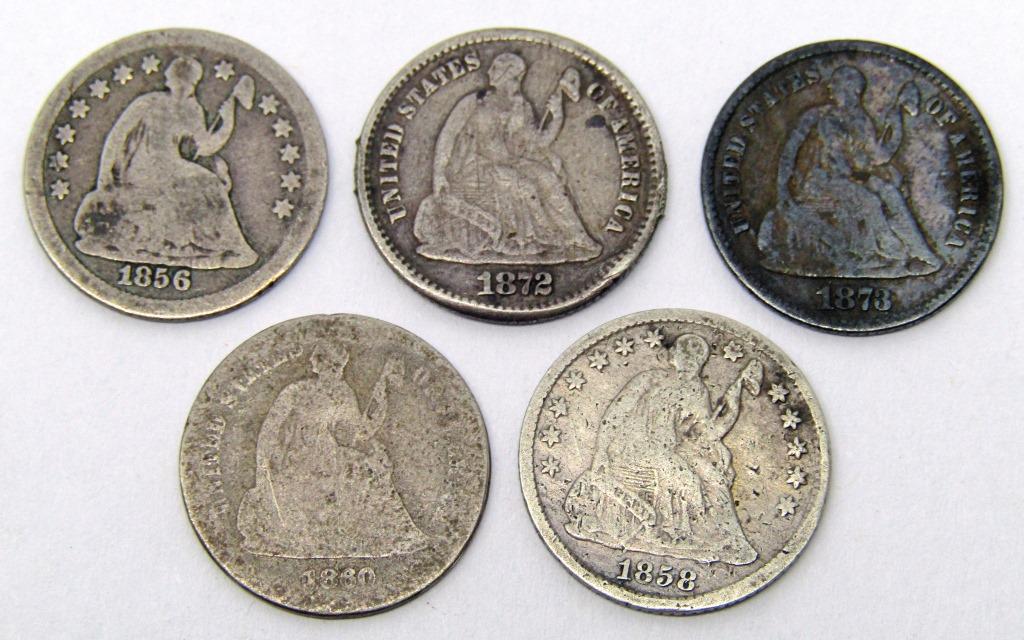 (5) U.S. SILVER HALF DIMES - ALL DIFFERENT (1 of 2)