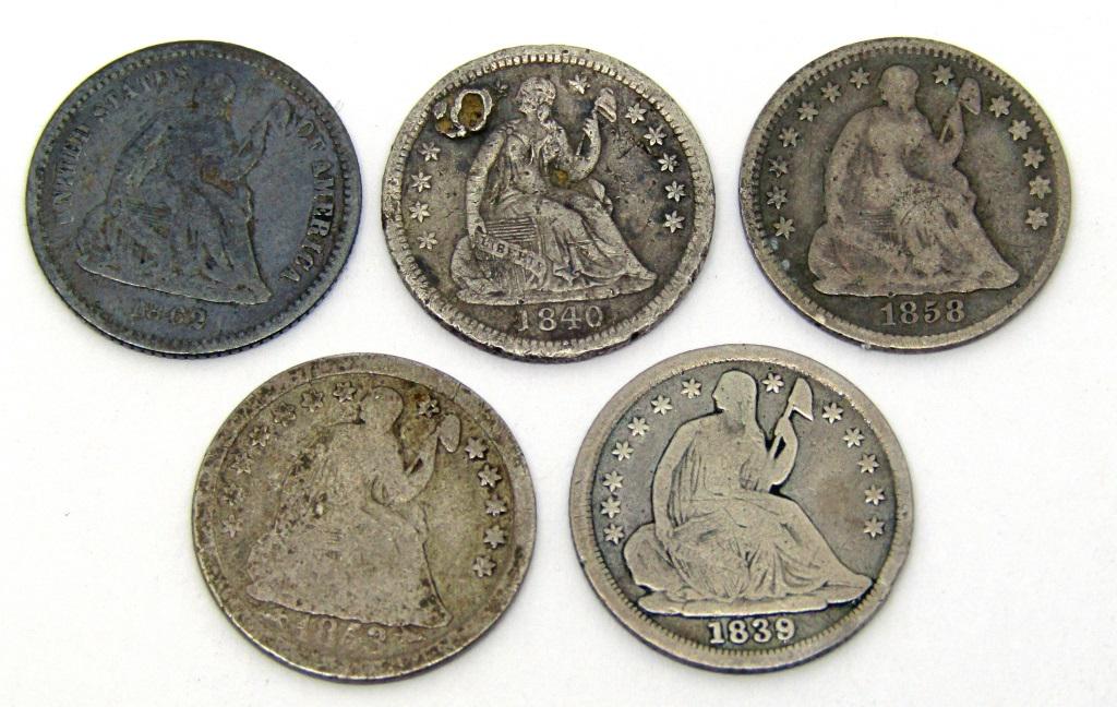 (5) U.S. SILVER HALF DIMES - ALL DIFFERENT (1 of 2)