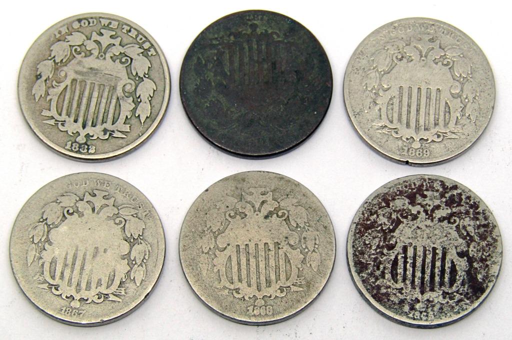 (6) U.S. SHIELD NICKELS - ALL DIFFERENT DATES (1 of 2)
